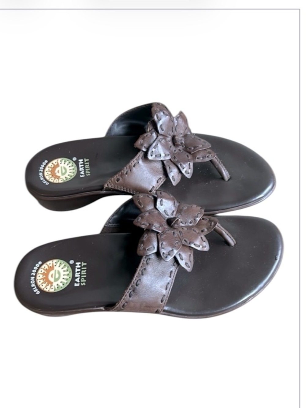 Earth Spirit Flip Flop Dark Brown Sandals with Flower Genuine Leather Size 6